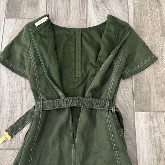 Tory Burch Nadia Dress Green Linen Short Sleeve Size 6 Belted Lined Zip Green - Picture 13 of 13